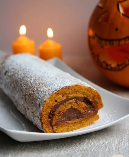 Gâteau roulé au potimarron, à la mandarine et au chocolat